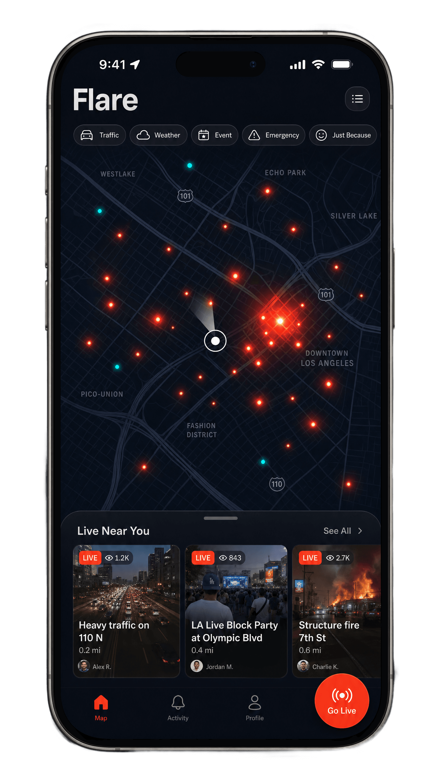 Flare live map home screen showing pulsing dots for active broadcasters nearby