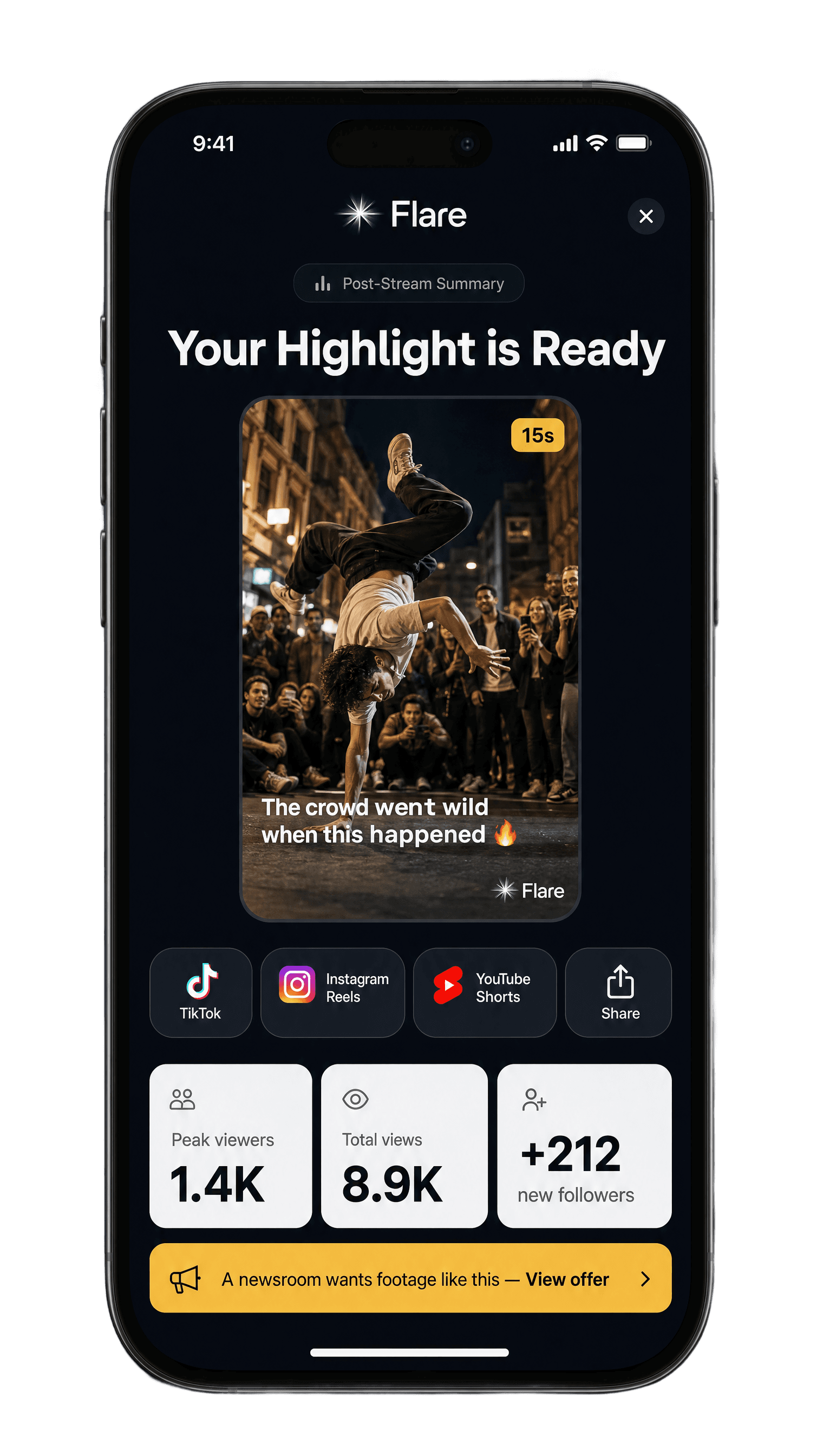 Flare post-stream summary screen with an auto-generated highlight clip and one-tap export buttons for TikTok, Reels, and Shorts