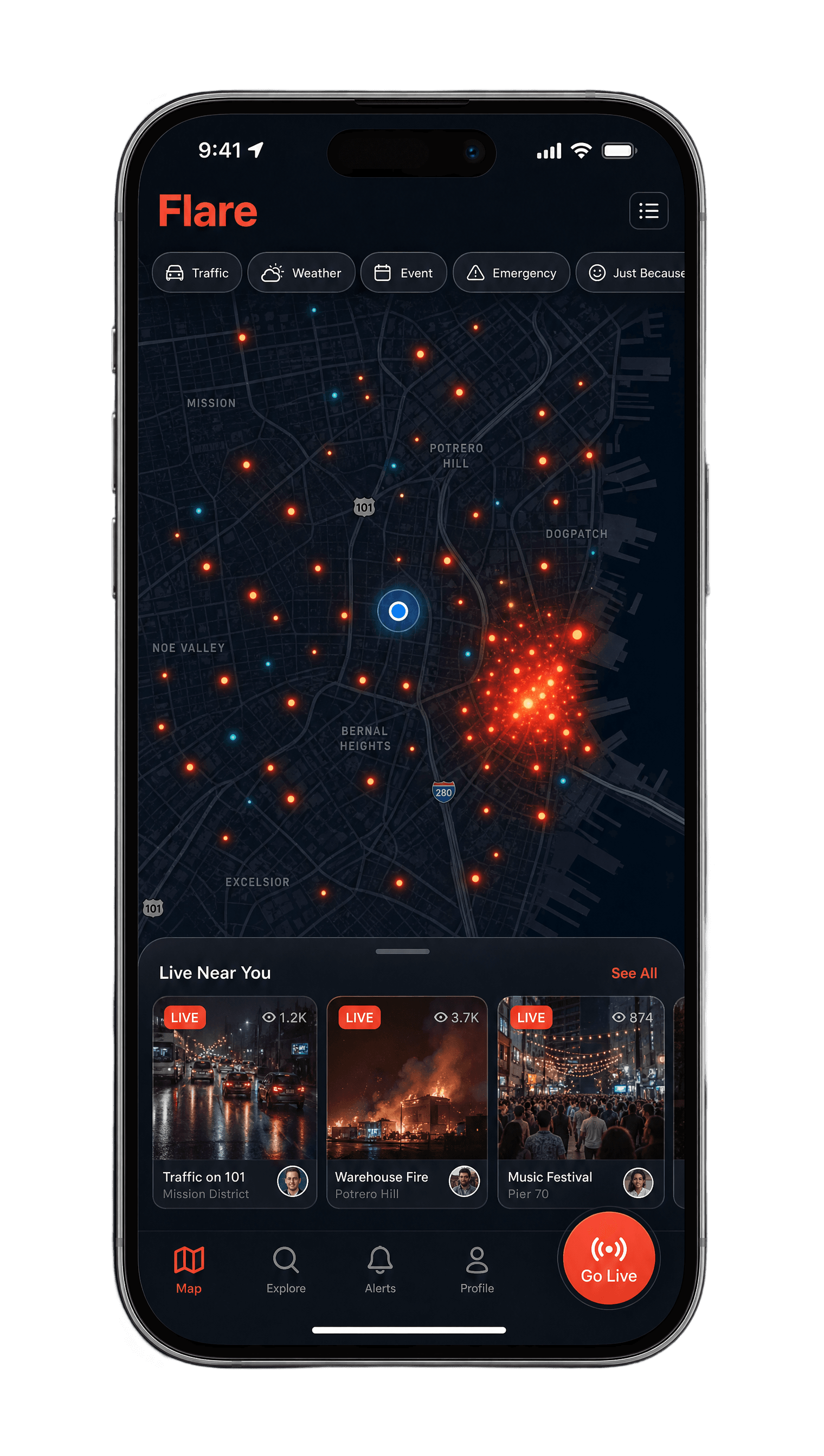 Flare live map home screen showing pulsing orange and teal dots for active broadcasters, category filter chips, and a nearby live streams strip