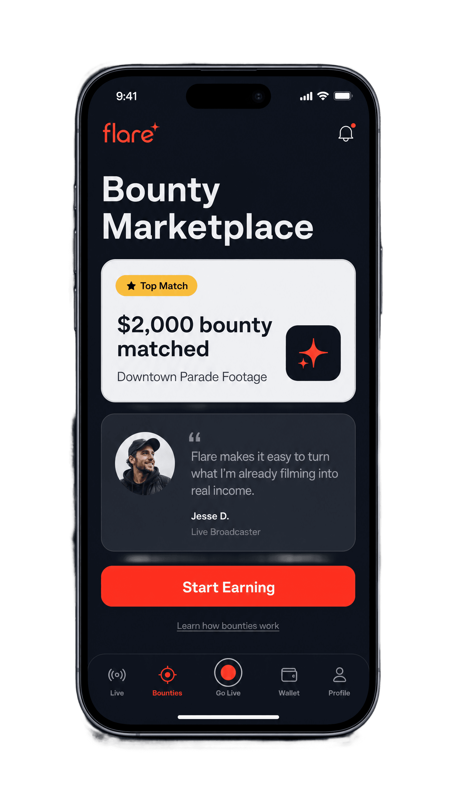 Flare Bounty Marketplace screen showing a matched footage bounty notification, a broadcaster testimonial, and a Start Earning button
