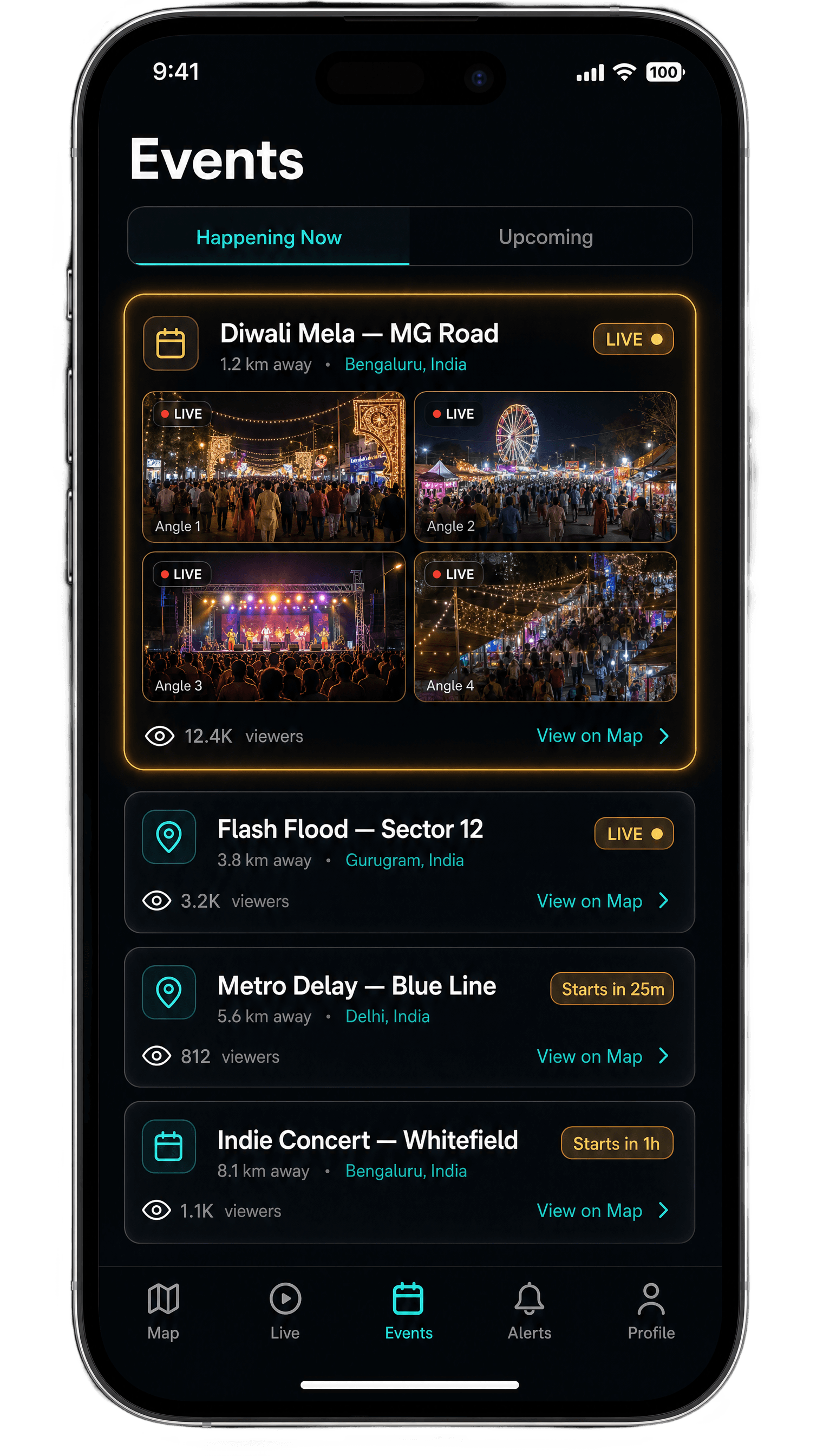 Flare Events tab showing live and upcoming events with a multi-angle mosaic preview